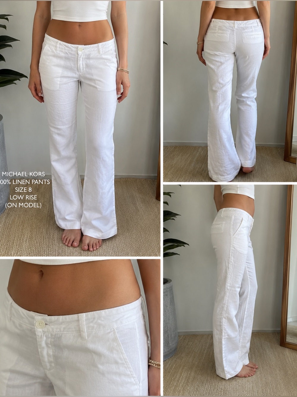 Michael Kors White 100% Linen Low Rise Straight Leg Pants Size 8